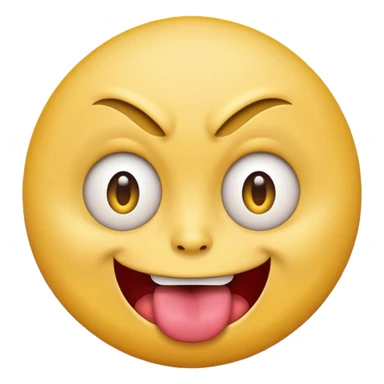 A yellow round face emoji smirking with its tounge out but the eyes are evil and kind of crazy and one eyebrow is raised in a suggestive way sticker