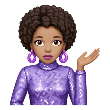 Macy Gray with dark brown hair, pale lavender sequin outfit sticker