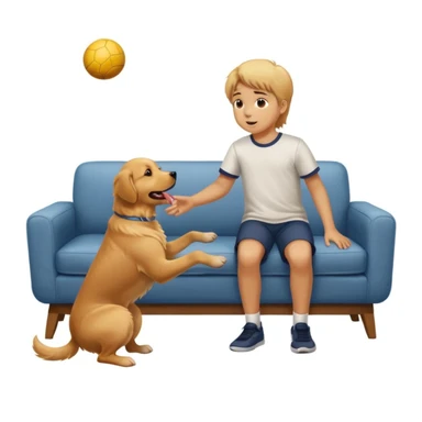 kid and dog playing with ball, living room background sticker
