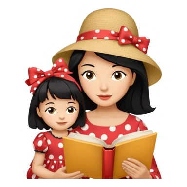 A black hair mother in a ribboned hat wearing polka dot dress reading a storybook to her child. sticker