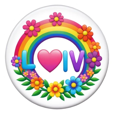 A round psychedelic colored button that says love with rainbow colored hippie style flowers sticker