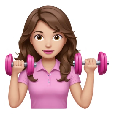 girl with wavy long brown hair, brown eyes, light to medium complexion, long lashes, light pink lipstick, wearing light pink shirt, lifting a pink dumbells sticker