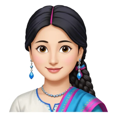 generate a pretty bratz emoji that looks like Kareena Kapoor's Geet character. 
Make her wear a white shirt with a colorful blue-pink dupatta wrapped around her neck. smiling big. Black hair tied into a side part ponytail, silver hoops and no necklace

She should look exactly  like Kareena Kapoor sticker