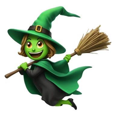green witch flying on a broom facing right throwing candy. sticker