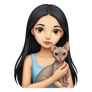 beautiful girl with long black hair holding a hairless sphinx cat sticker