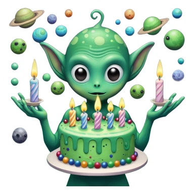 A giant alien holding a birthday cake that is actually a miniature galaxy, tiny planets orbiting the candles, cosmic dust swirling, epic scale contrast, ultra detailed space fantasy art

 sticker
