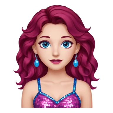 Chappell Roan (b.1998) with long dark red hair, pink sequin crop top, pink earring, blue eye, makeup sticker