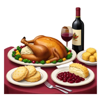 Thanksgiving Dinner with friends of all different races; have the food be a cooked turkey, mashed potatoes, corn, a basket of biscuits, a small bowl of cranberry sauce, baked yams, steamed vegetables, and a bottle of wine. sticker