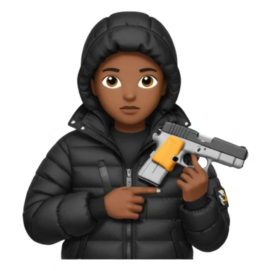 african american wearing a black puffer jacket with the hood on and holding a glock 26 sticker