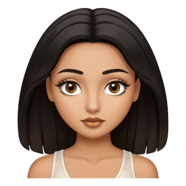 A girl, who has long black styled silk hair, tan skin. almond brown eyes that has black long lashes, small nose and full lips. and a bit of makeup like bronzer. and wearing a white tight top. long black lashes and medium arched brows. looks like a baddie. sticker