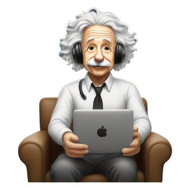 albert einstein happy listening music with wireless headphones while sitting on the chair sticker