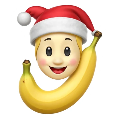 A 3D cartoon peeled banana with a red nose and tiny hat, smiling face, playful pose, Memoji-style. sticker