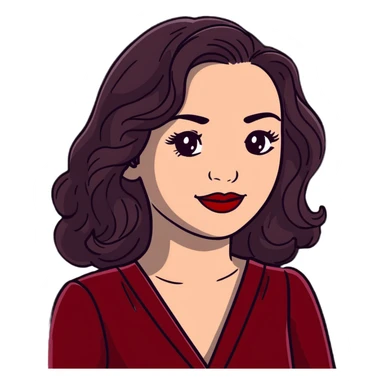 Elegant high-profile woman with glowing fair skin, long dark straight hair with soft waves, large dark eyes with dramatic makeup, defined eyebrows, full red lipstick, wearing wine red velvet dress with V-neckline, glamorous confident smile sticker