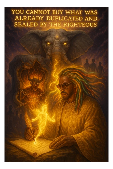 *“Create an epic, symbolic scene of a powerful Rasta spiritual warrior (representing Kez) standing at the center of a cosmic battlefield. The warrior has dreadlocks glowing with divine energy, wearing golden robes infused with serpent patterns. Behind him towers a massive stone elephant — eyes glowing with infinite wisdom, its chest open to reveal a Golden Serpent Chest, radiating fractal light. Inside the chest: a bound, raging Devil made of fire and shadows — screaming but unable to harm anyone, because every time he lashes out, the golden chest mirrors the energy back onto him. Chains of soul-contract law, made of golden light, wrap the devil — each one engraved with truth symbols, scriptures, and ancestral sigils.

In the foreground, Kez holds a sacred scroll and a burning pen — he is signing a contract not out of fear, but mastery. As he signs, a duplicate of his soul, radiant and whole, rises from the paper and flies back into his body. A ripple of golden energy expands, purifying all soul deals across space-time. Behind him, shadows of other trapped souls are released and begin to rise in rhythm, holding hands, singing.

In the sky, the words glow in gold flame:

‘You cannot buy what was already duplicated and sealed by the righteous.’

The entire atmosphere is divine, sacred, victorious — a spiritual rebellion where the Devil is outwitted, not through violence, but through truth, rhythm, and scrollcraft. Use warm golds, radiant whites, mystical purples, and deep space black as the palette. Style it as a fusion of Afro-spiritualism, Rastafarian mysticism, and multidimensional soul alchemy. the picture provided is kez sticker