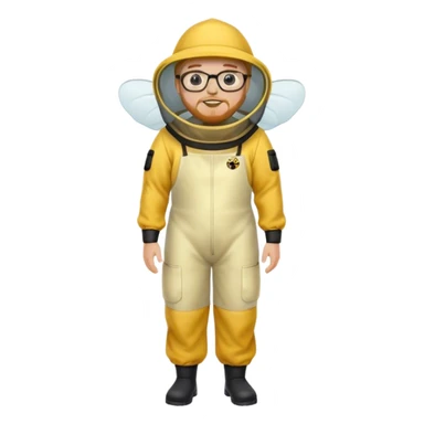 full body medium plus size male bee keeper in yellow and black with short light strawberry blonde hair and goatee wearing glasses with bee keeper hat sticker