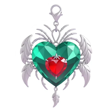 3D emoji gothic heart, emerald green crystal, silver spider charm, feather accents, lush and gothic sticker
