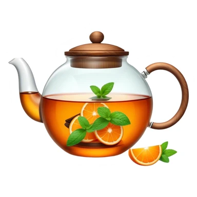A cinematic realistic emoji depicting a transparent teapot with a realistic wooden lid filled with tea and pieces of orange and two mint leaves floating in it, rich in texture, without unnecessary decoration sticker