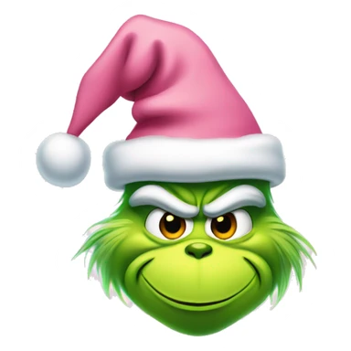 grinch face with a smirk wearing a light pink santa hat sticker