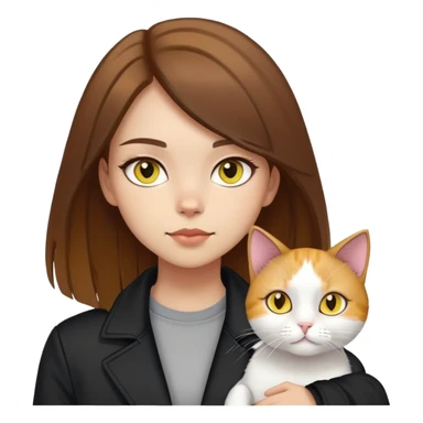 Light-skinned girl with brown straight hair wearing a black jacket, with a white cat with yellow eyes and a calico cat sticker