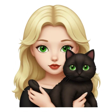 Create an iphone emoji of a blonde girl, with brown eyes and plump lips holding a black fluffy cat with green eyes sticker