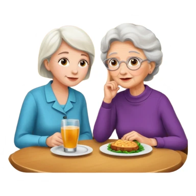 conversación dentro de un restaurant  dos personas y una de las persoans sea una abuela y el otro un adulto de 27 años mujer abuela y hombre joven sticker