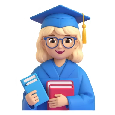 memoji of a college student, wearing glasses, holding books, cheerful, modern hairstyle, wearing a graduation cap sticker