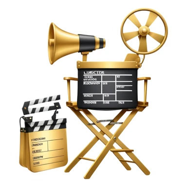 Icon for Directing: a director's chair, a film slate, a megaphone, and a stage set with lights. The icon should represent the creative and leadership aspects of directing, with focus on film and theater production. Transparent background. sticker