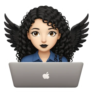 a girl typing mac book air with long black curly hair and brown eyes with winged black eyeliner sticker