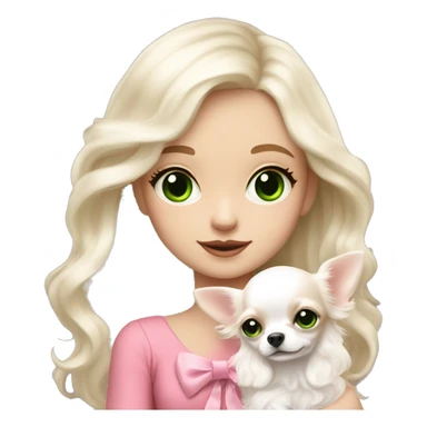 pale blond yt girl with wavy long platinum white hair with bright green eyes holding a white chihuahua puppy that wearing a pink bow sticker