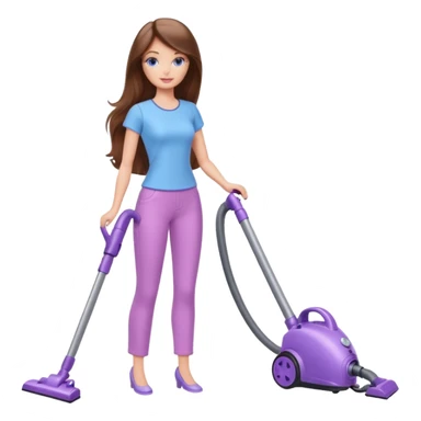beautiful barbie girl with long brown hair, blue eyes and wearing light purple clothes, cleaning and vacuuming sticker