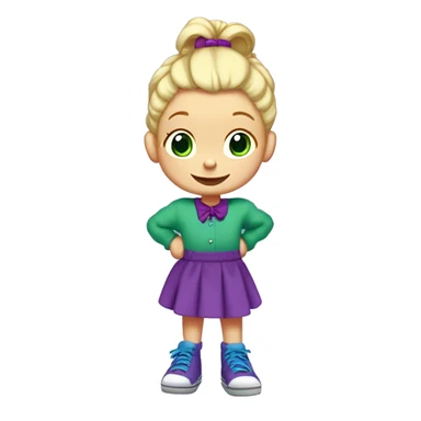 A little blonde girl with pigtails and little purple bows wearing a red long-sleeved shirt and purple overalls skirt with blue tights with green polka dots and purple sneakers, full body, rugrats sticker