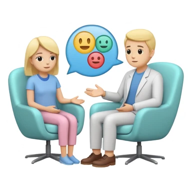 simplified human character sitting in a chair talking calmly with a psychologist, therapist listening attentively, safe and supportive atmosphere, mental health session, flat custom emoji sticker, pastel colors, rounded shapes, minimal details, thick outline, white background, no text sticker