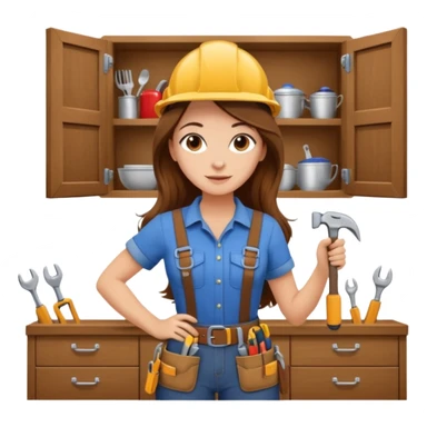 beautiful girl with long brown hair constructing new kitchen cabinets sticker
