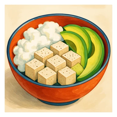 a bowl containing egg whites, tofu cubes, and avocado slices, food illustration sticker