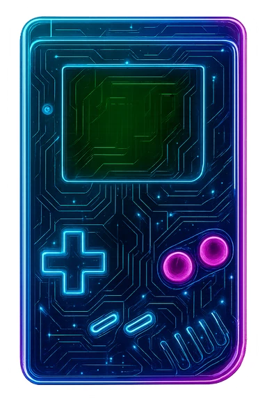 Transform the old Gameboy into a cyberpunk, holographic style with glowing neon blue and pink edges, circuit patterns throughout the entire device, and a transparent background. Maintain the recognizable Gameboy shape, buttons, and screen, overlaying neon and circuit effects in a futuristic, clean cyberpunk style with consistent glow and intricate circuit details. sticker