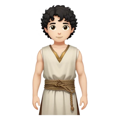 medieval summer outfit worn by a DnD themed fantasy male character. basic sleeveless cotton tunic with a V-shaped neckline and a thin rope belt. clothes only above the waist. The clothes full waist. The character's haven't arms. character is white-skinned, black hair, brown eyes, short curly hair. sticker