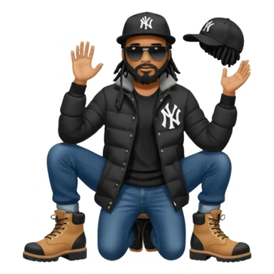 African American man with shoulder length black dreadlocks with black beard wearing black sunglasses wearing a black New York Yankees logo baseball cap wearing a black bubble winter coat wearing denim skinny jeans and timberland boots putting on his shoes sticker