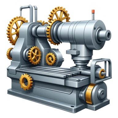 An icon featuring a giant machine tool in a factory, manufacturing machines. The design includes gears, mechanical parts, and a production line, representing the art of mechanical engineering and industrial design. Transparent background highlights precision engineering and manufacturing processes. sticker