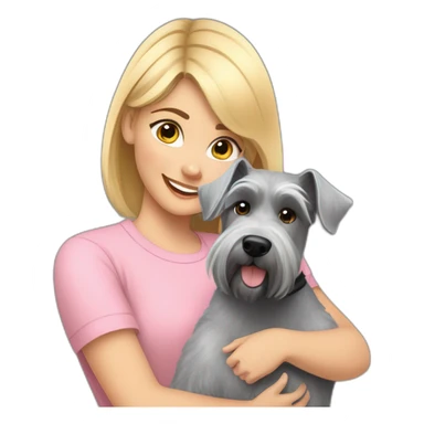 A girl with blonde hair in a light pink T-shirt and rainbow leggings hugs a gray Schnauzer dog sticker