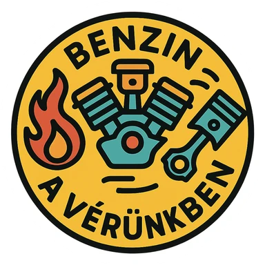 circular motorcycle cap design with the Hungarian phrase 'Benzin a vérünkben', featuring motorcycle motifs like motor, flame, piston, energetic style sticker