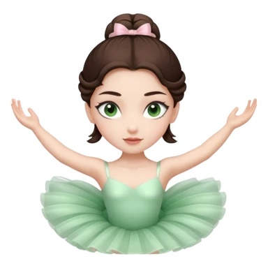 Realistic Ballerina Portrait, with porcelain-like skin featuring a natural rosy flush, illuminated by soft lighting that highlights the gentle contours of her face. Her Brunette hair flows in soft.Her deep green light eyes radiate framed by arched brows and long lashes. sticker