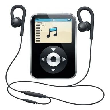 Futuristic iPod emoji with earphones, metallic black and white, smooth reflective surfaces, flat minimal vector design, clean UI style sticker