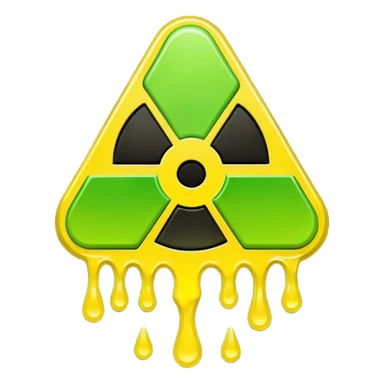 radioactive hazard symbol stylized to look like it is melting. The symbol is bright neon green and toxic yellow, with smooth dripping edges like liquid. sticker