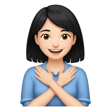 a girl with black hair and brown eyes with her hands crossed around her neck and laughing sticker