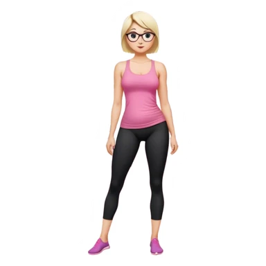 Full body view, fair skinned woman, curvy, short blond hair, small reading glasses, cooking dinner in kitchen, pink loose tank top, showing natural B cup breast shape SFW, black yoga pants, large curvy booty sticker