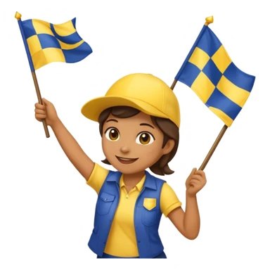 I want an emoji holding a yellow and navy blue checkered flag in both hands, wearing a yellow and navy blue hat, dancing, and smiling. sticker