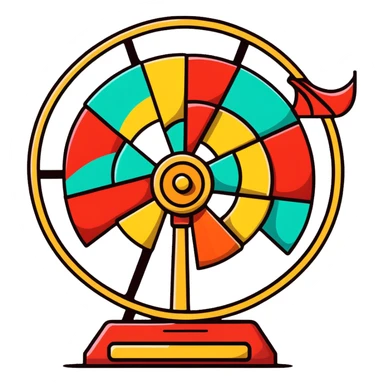 spinning fortune wheel with colorful sections and a pointer sticker