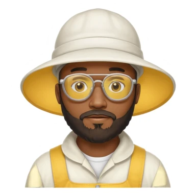 black male bee keeper with beard, white hat and yellow glasses, white outfit,  sticker