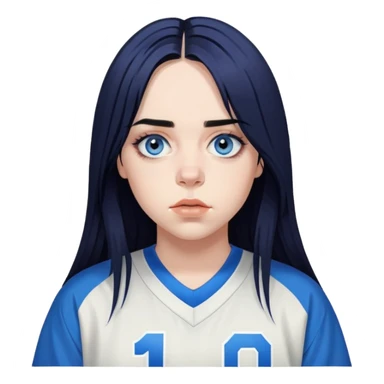 billie eilish long black hair blue eyes dark eyeliner makeup, wearing jersey sticker