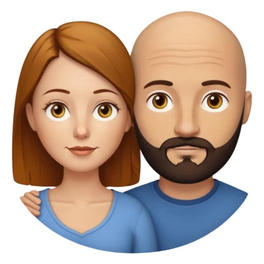 Couple. Bald man with dark brown-black beard. White woman with many small, faded freckles, white skin and she has auburn-yellow-brown-caramel, dark hair. She has light yellow-brown eyes. The man have hazel eyes. They are inside a big heart. sticker
